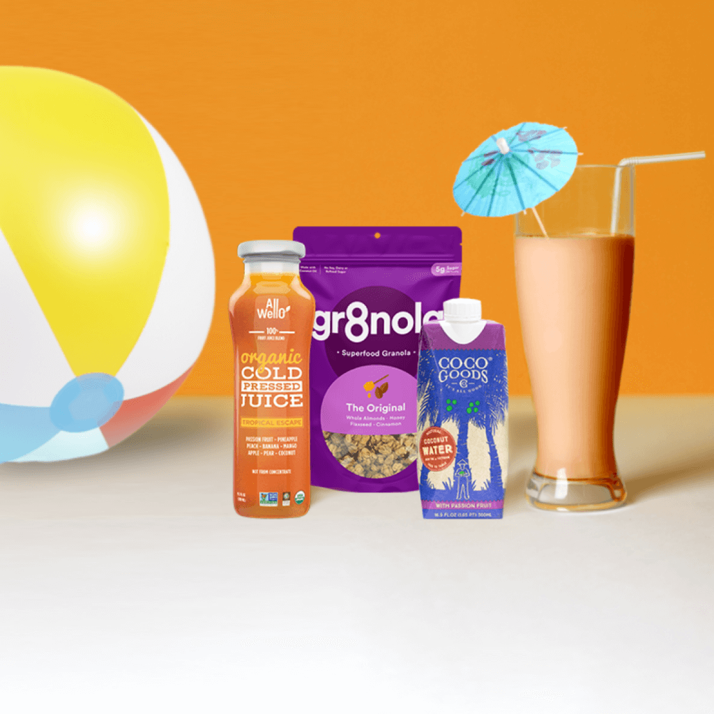 freshing drinks and snacks next to a beach ball