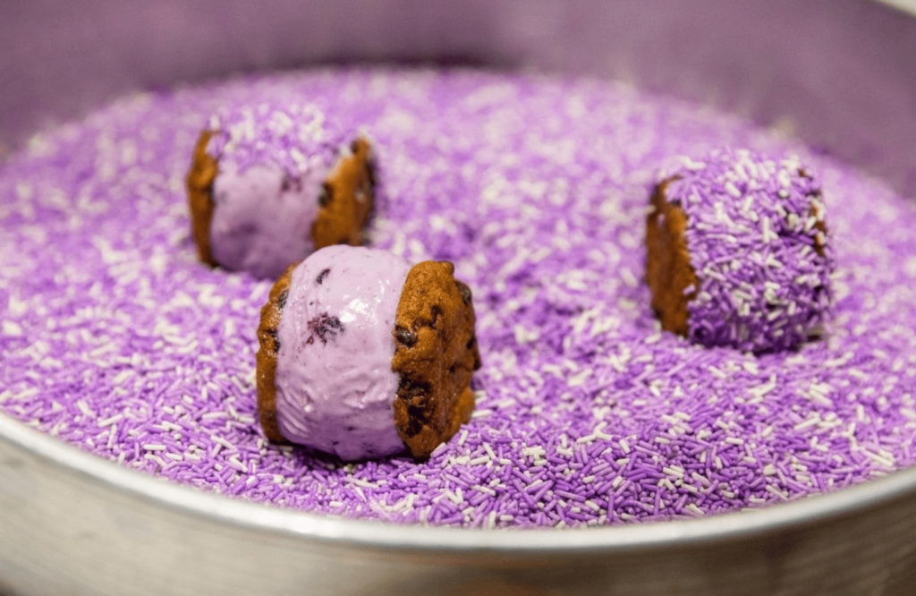 Ice cream sandwich with purple and white sprinkles