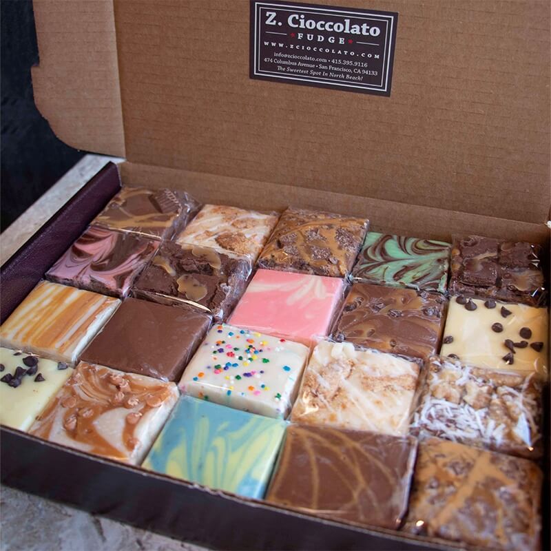 chocolate box with brownie squares packed in perfectly