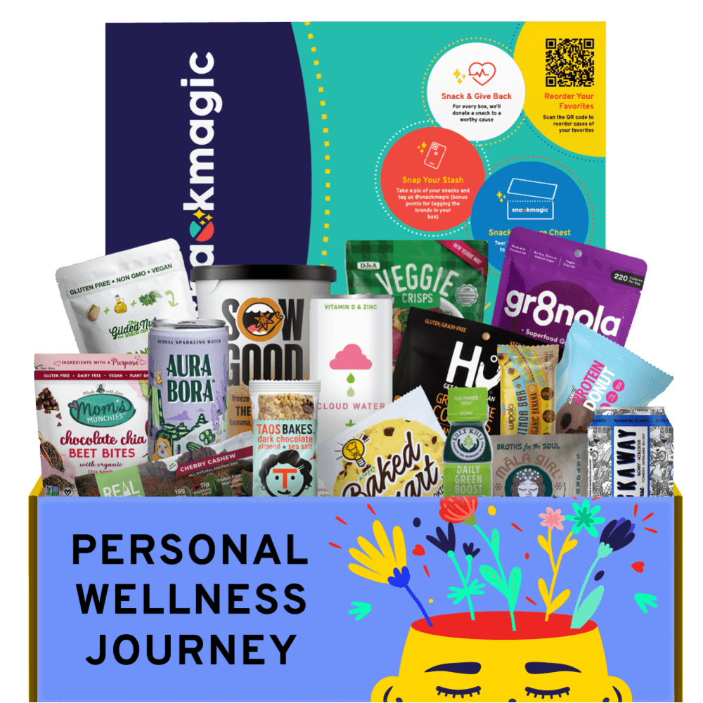 A SnackMagic box full of treats, snacks, and sips around the theme of Personal Wellness.