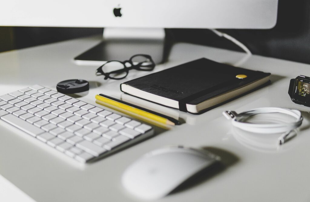 A clean display of new branded office supplies.