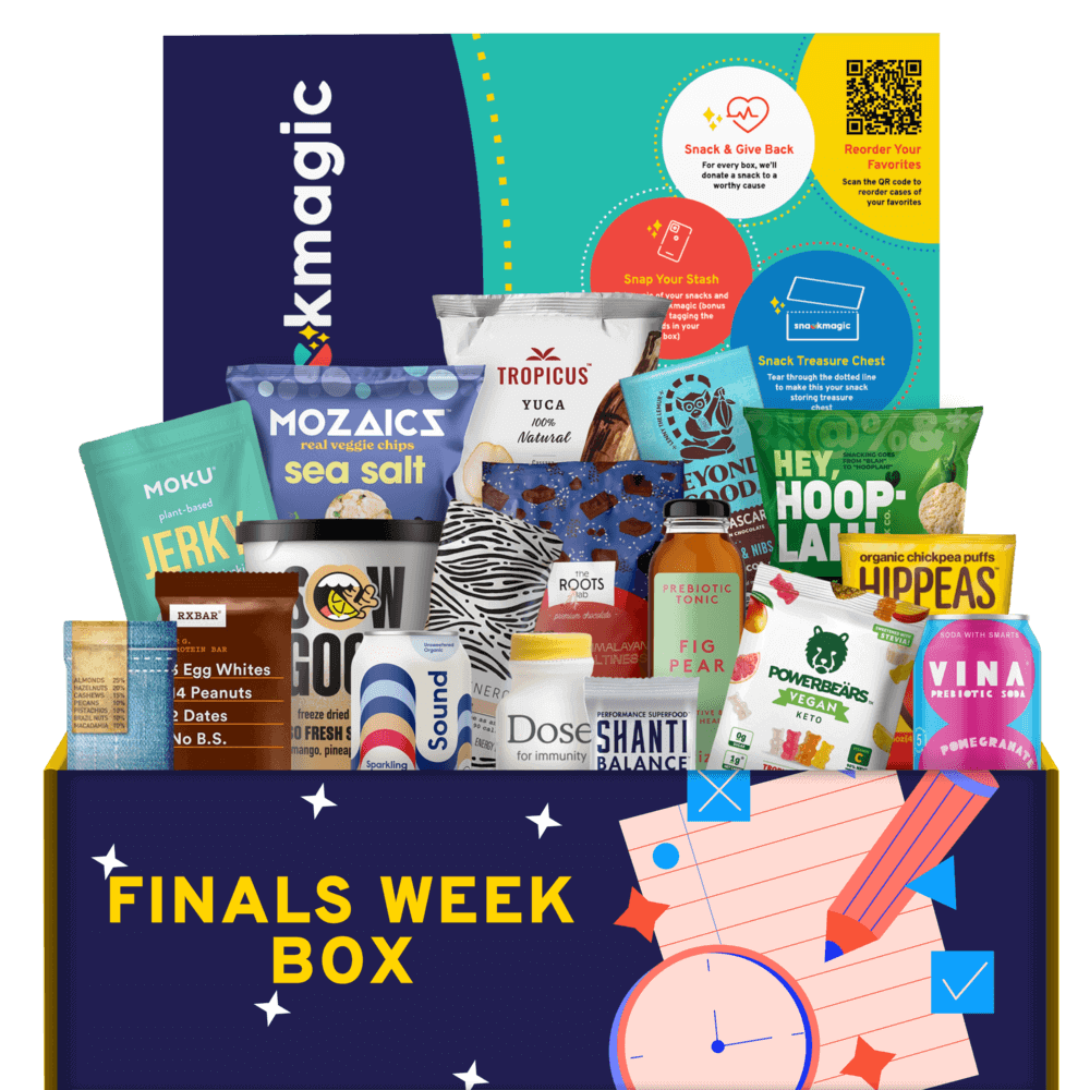 A huge SnackMagic box with snacks and sips around the theme of Finals Week.