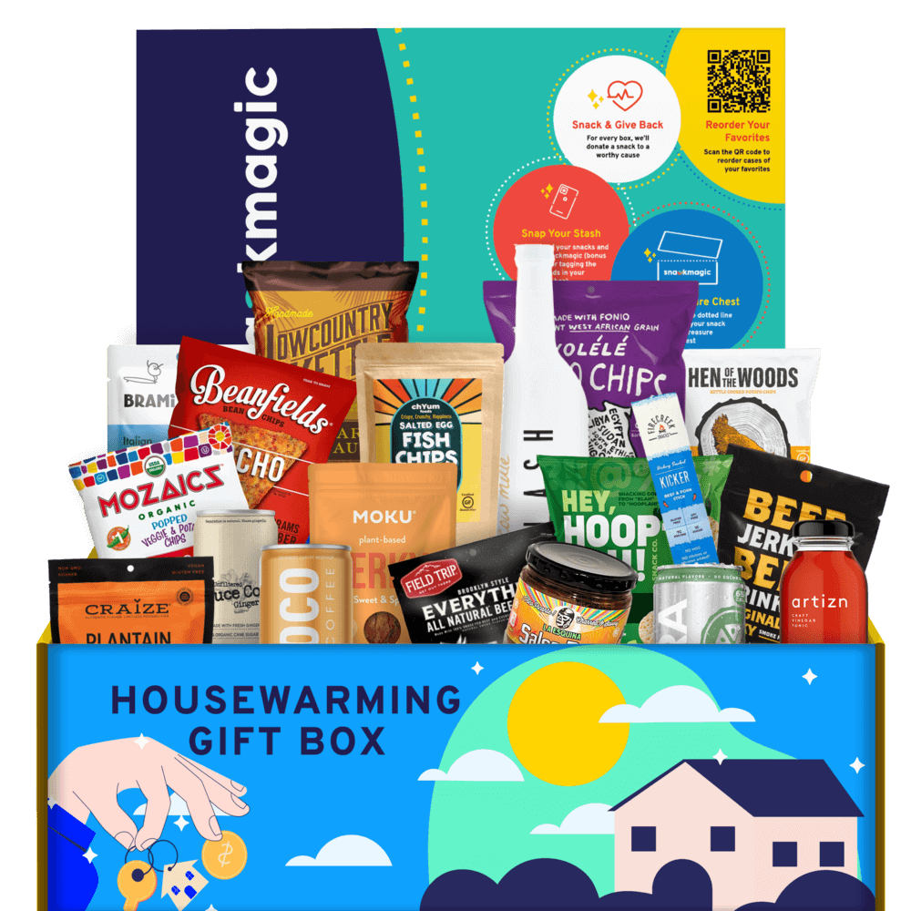 A huge SnackMagic box full of treats around a theme of a Housewarming party.