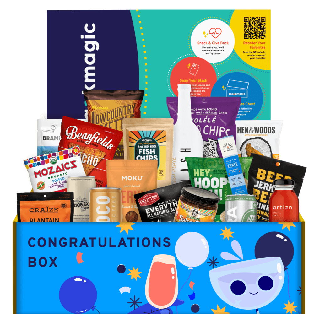A huge SnackMagic Box meant to express appreciation and send congratulations through a specific curation of snacks.