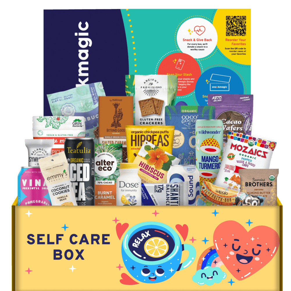 A huge SnackMagic Box meant to encourage recipients to participate in self care with snack and drink items that promote well-being.